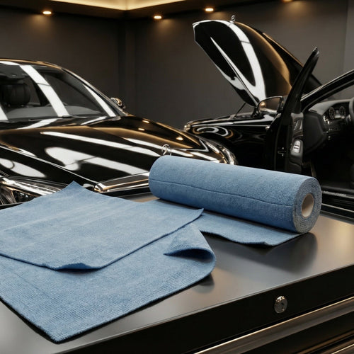 Bobine Hydra E3AUTO sur servante de garage - microfibres détachables pour detailing professionnel automobile