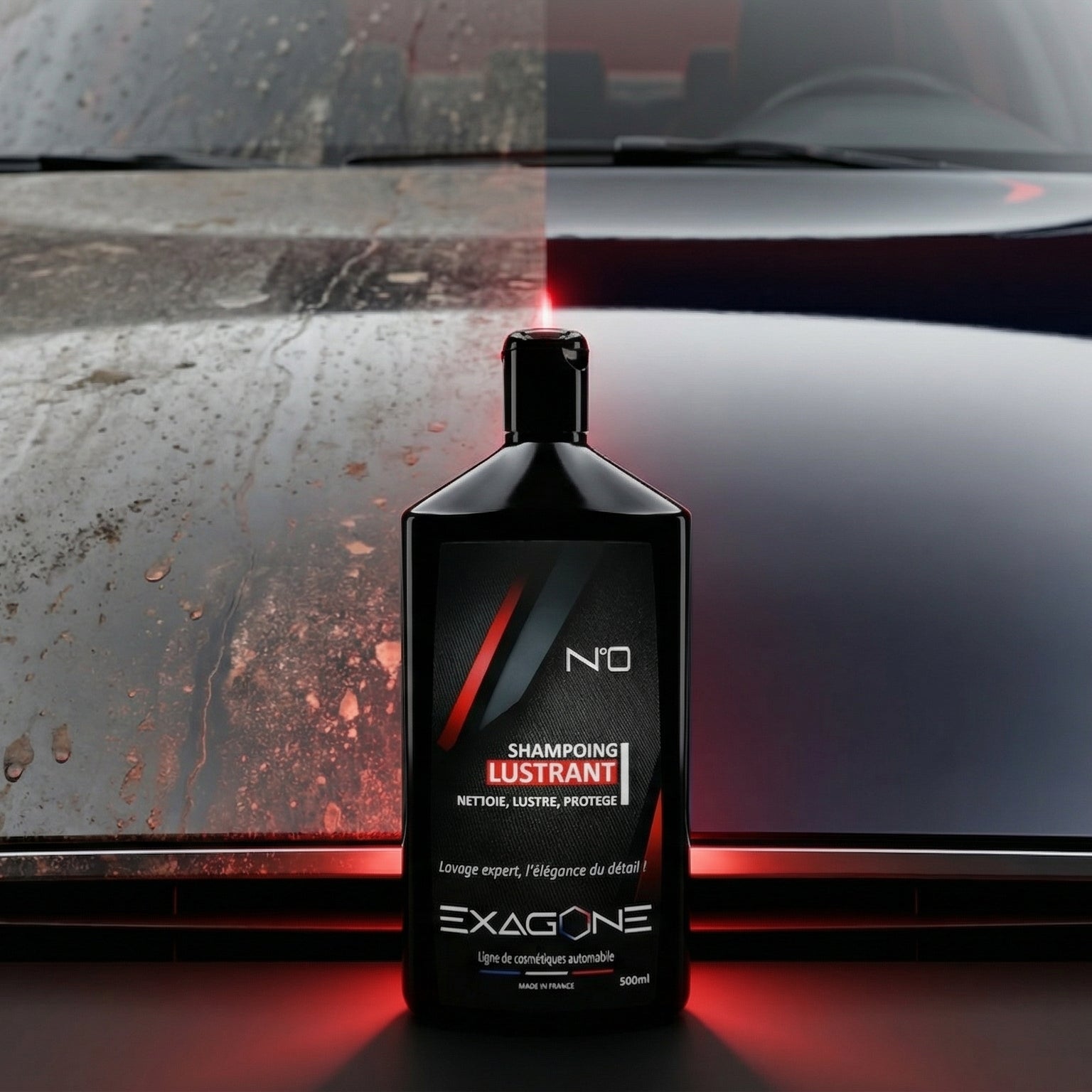 Shampoing lustrant EXAGONE N°0 résultat avant après sur carrosserie automobile avec effet brillant et protection