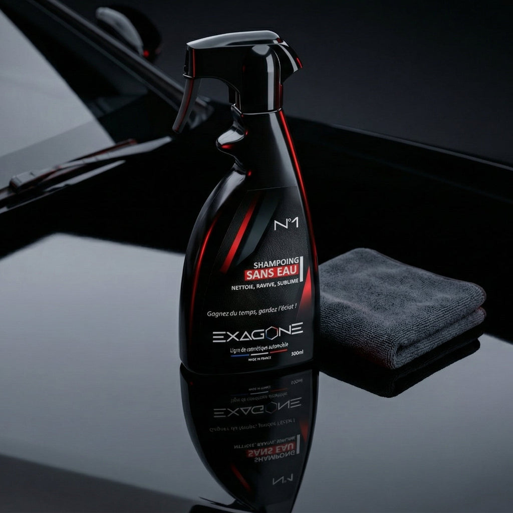 Shampoing sans eau EXAGONE N°1 résultat sur carrosserie noire avec finition brillante et microfibre detailing