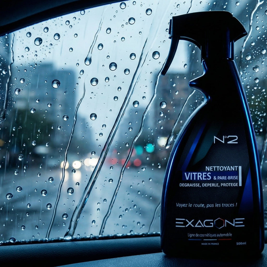 Nettoyant vitres EXAGONE N°2 avec effet déperlant sur pare-brise automobile améliorant la visibilité sous la pluie