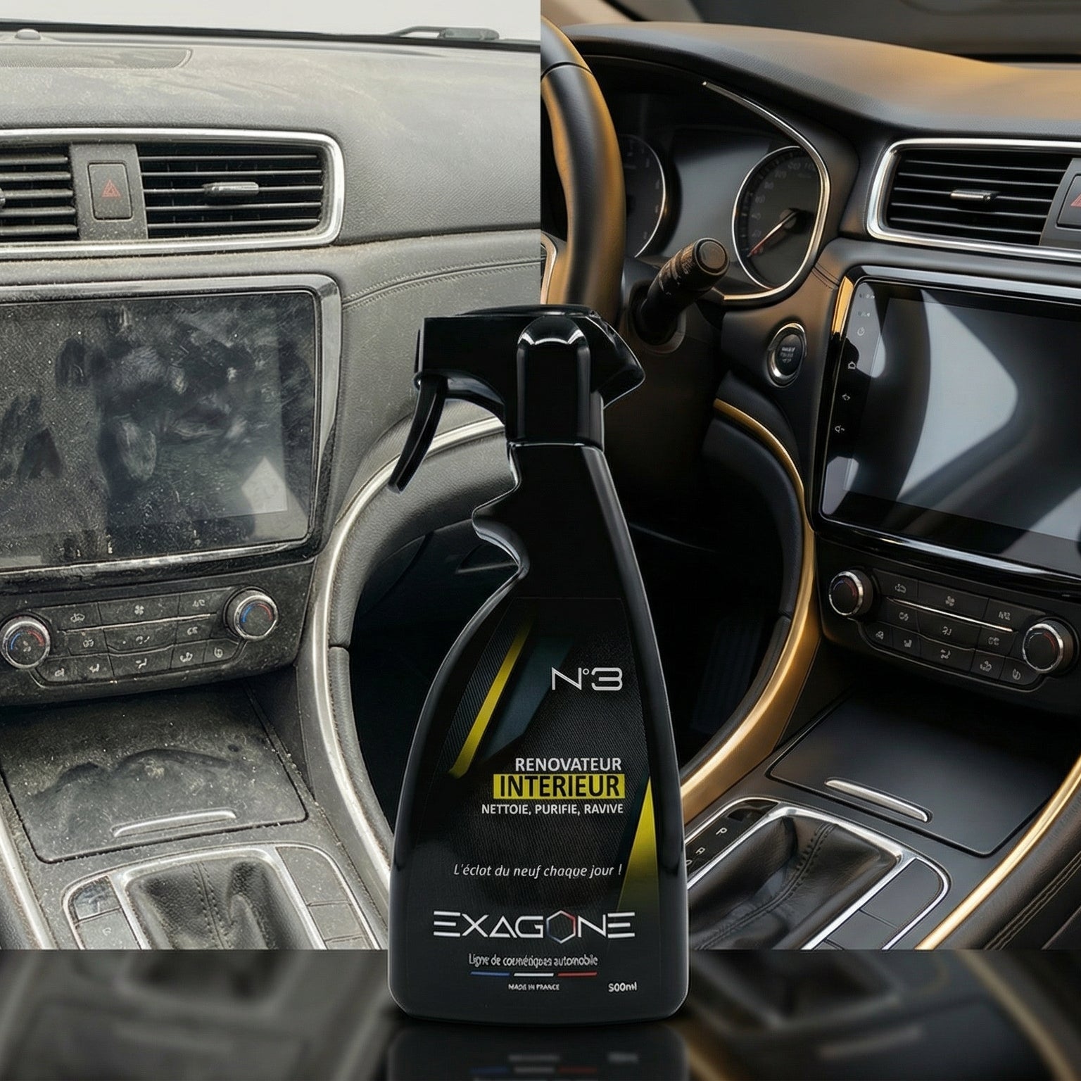 Rénovateur intérieur EXAGONE N°3 résultat avant après sur tableau de bord automobile avec surfaces nettoyées et ravivées