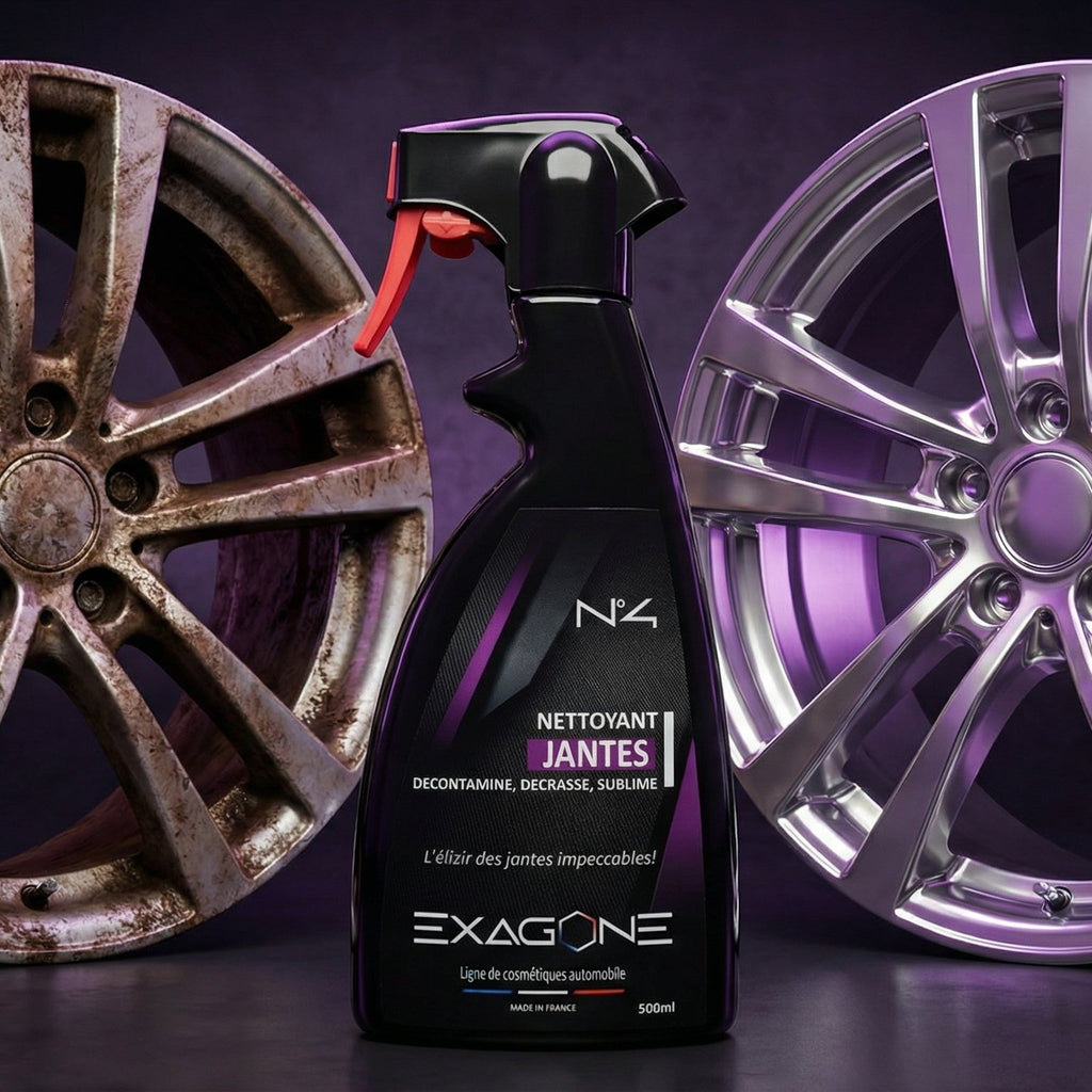 Nettoyant jantes EXAGONE N°4 – résultat avant après sur jantes aluminium très encrassées