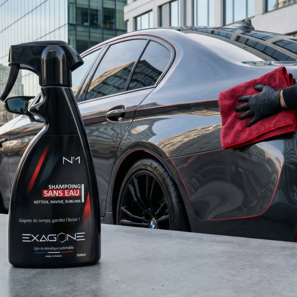 Shampoing sans eau EXAGONE N°1 en action avec microfibre sur carrosserie automobile pour nettoyage sans rinçage