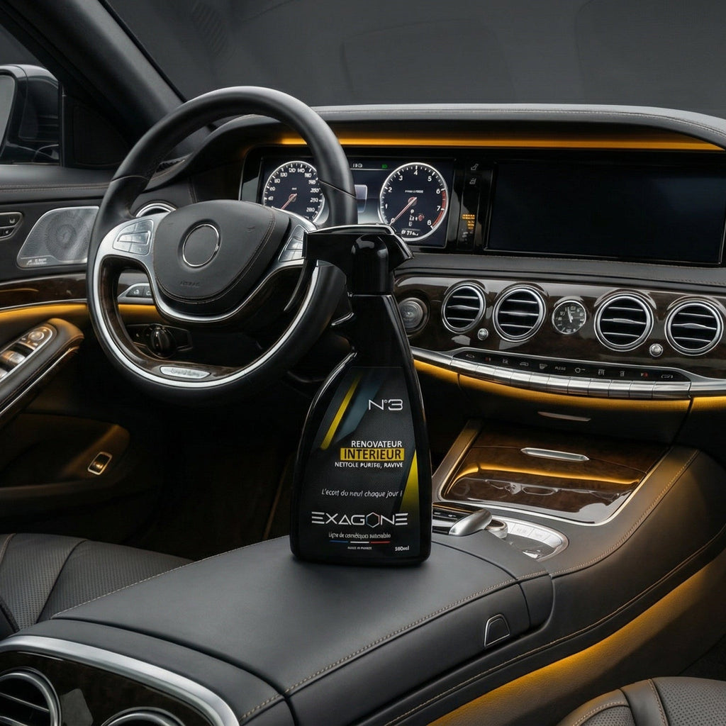 Rénovateur intérieur EXAGONE N°3 présenté dans habitacle automobile pour nettoyage et rénovation des plastiques et surfaces intérieures