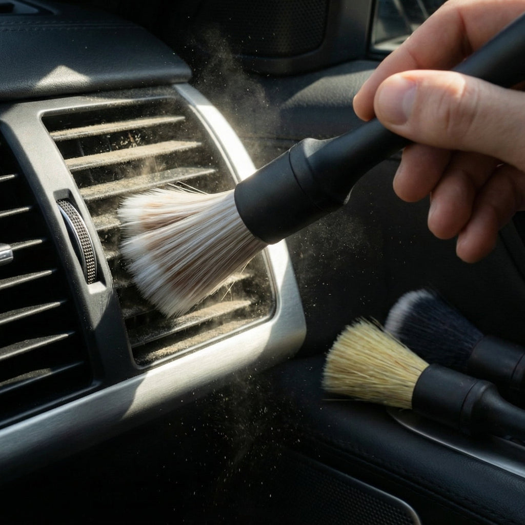 Lot Cobra E3AUTO en action - pinceau detailing nettoyage grilles aération voiture poussière inaccessible