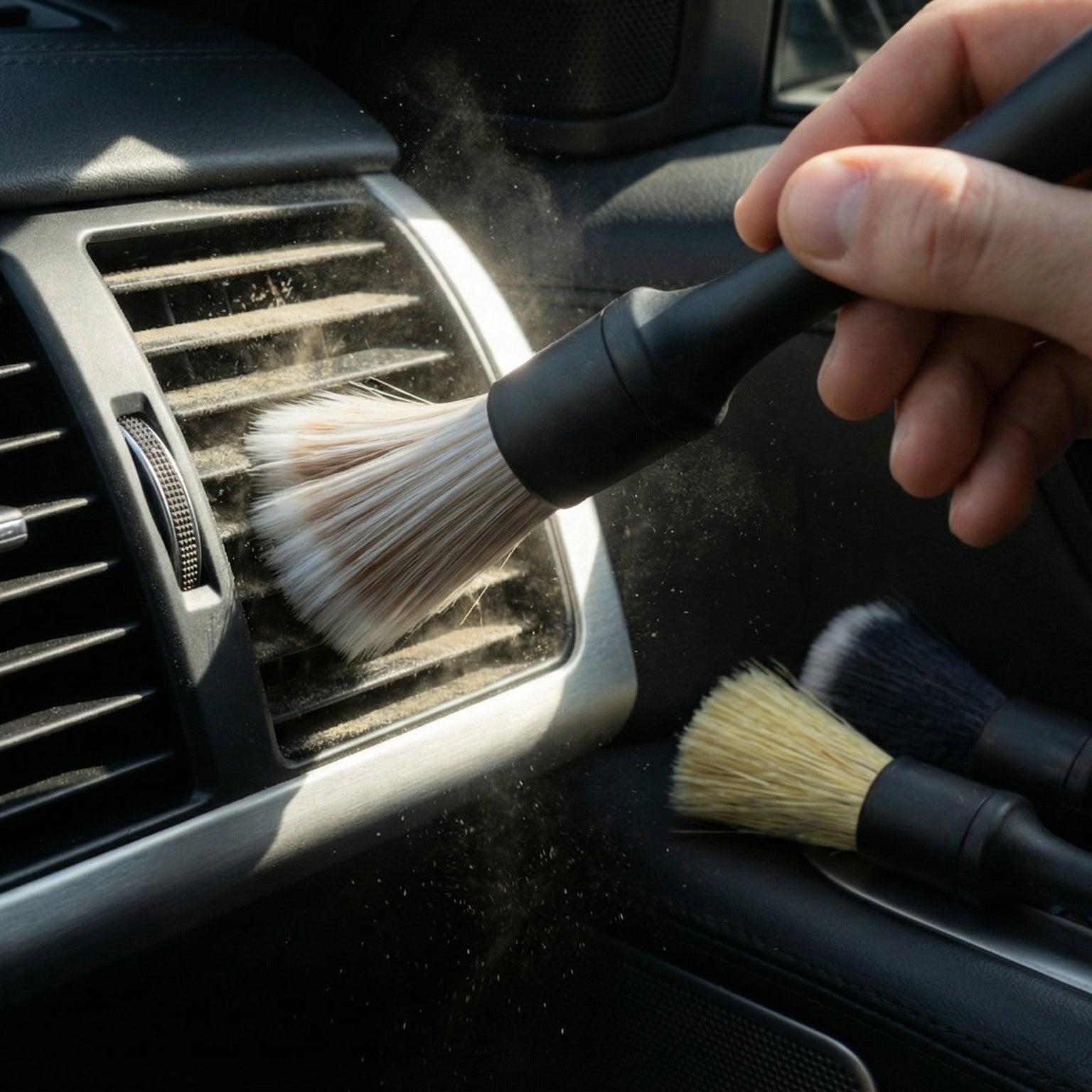 Lot Cobra E3AUTO en action - pinceau detailing nettoyage grilles aération voiture poussière inaccessible