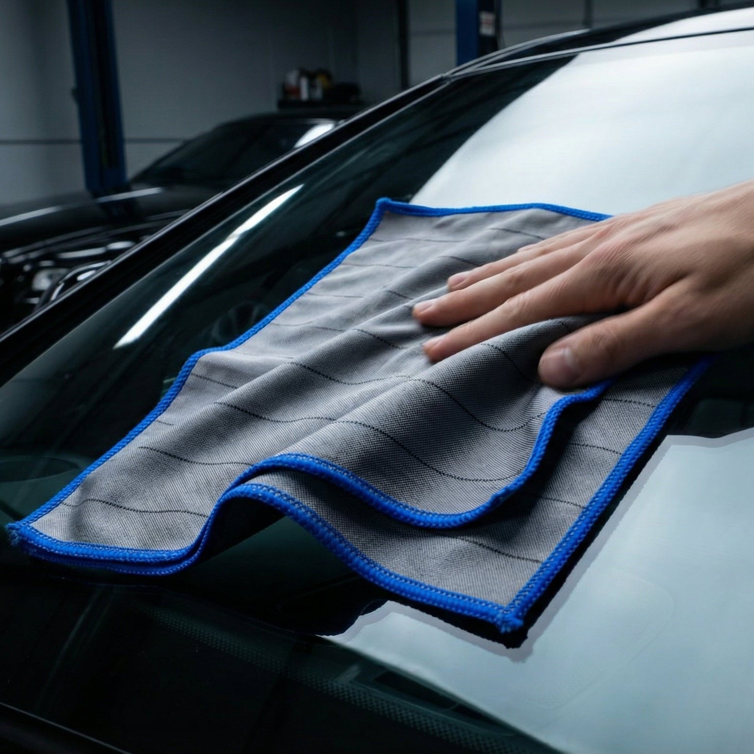 Microfibre Spectra E3AUTO carbone en action - nettoyage pare-brise sans traces ni micro-rayures