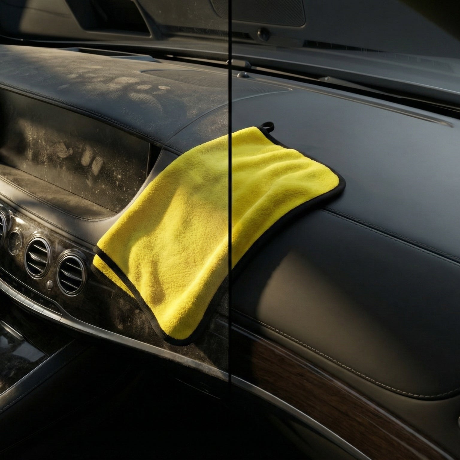 Microfibre Velvet E3AUTO avant après - tableau de bord poussiéreux et sale vs tableau de bord parfaitement propre et brillant